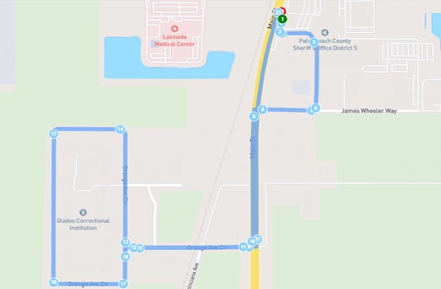 Belle Glade DMV driving test route google map